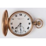 A 9ct gold hunting cased keyless wind gentleman's pocket watch with unsigned jewelled lever