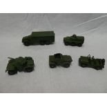 Dinky Toys - five military vehicles including Daimler armoured car, scout car,