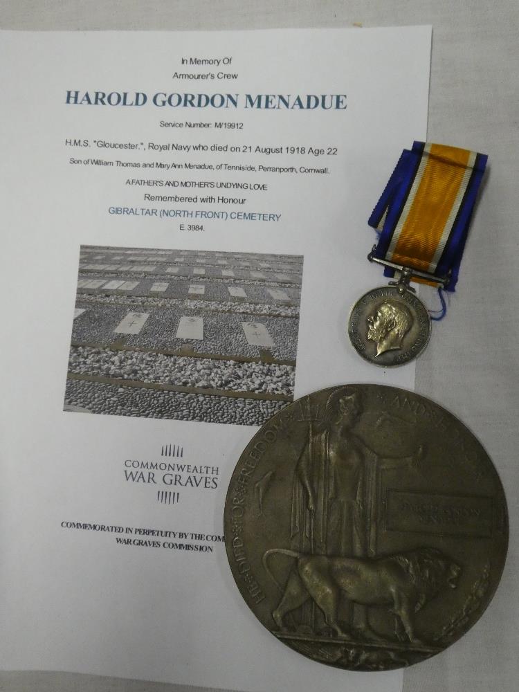 A British War medal awarded to No.M19912 H. G. Menadue AR CR R.N.