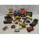 Various diecast vehicles including Dinky bulldozer, coach,