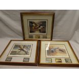 Three framed and glazed limited edition signed prints with USA duck stamps and medallions