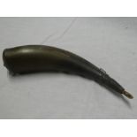 Early 19th Century cow horn powder flask with wooden mounts