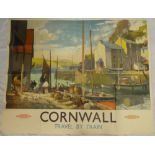 An original British Railways travel poster "Cornwall Travel by Train" depicting Cornish harbour