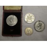 A French 1874 silver five franc, white metal Bristol 1899 commemorative medallion,