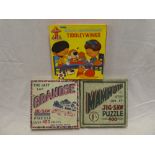 An original Magic Roundabout tiddlywinks game and two early boxed motoring jigsaws