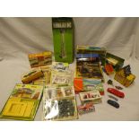 A box of mixed toys including Subbuteo boxed floodlights, Airfix kits,