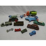 A selection of various diecast vehicles including Dinky Thunderbird II, Eagle Freighter,