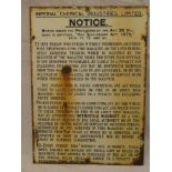 An old enamelled rectangular sign "Imperial Chemical Industries Ltd - Notice - The Explosives Act