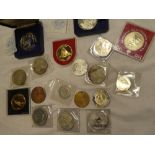 Two Hampton Court Palace nickel silver cased medallions, various commemorative crowns,