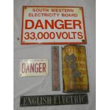 Five various electricity warning signs including enamelled "South Western Electricity Board Danger