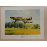 A coloured limited edition aircraft print "Spitfire Scramble" after Robert Taylor bearing four