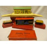 Hornby O gauge - boxed tinplate station, double-bogie crane wagon in part box,