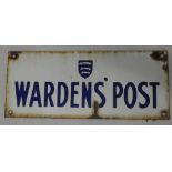 A rectangular enamelled sign "Wardens' Post" bearing the Essex/Middlesex shield, possibly ARP,