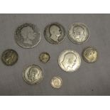 A William IV 1836 silver half crown, George III 1819 crown and other silver coinage,