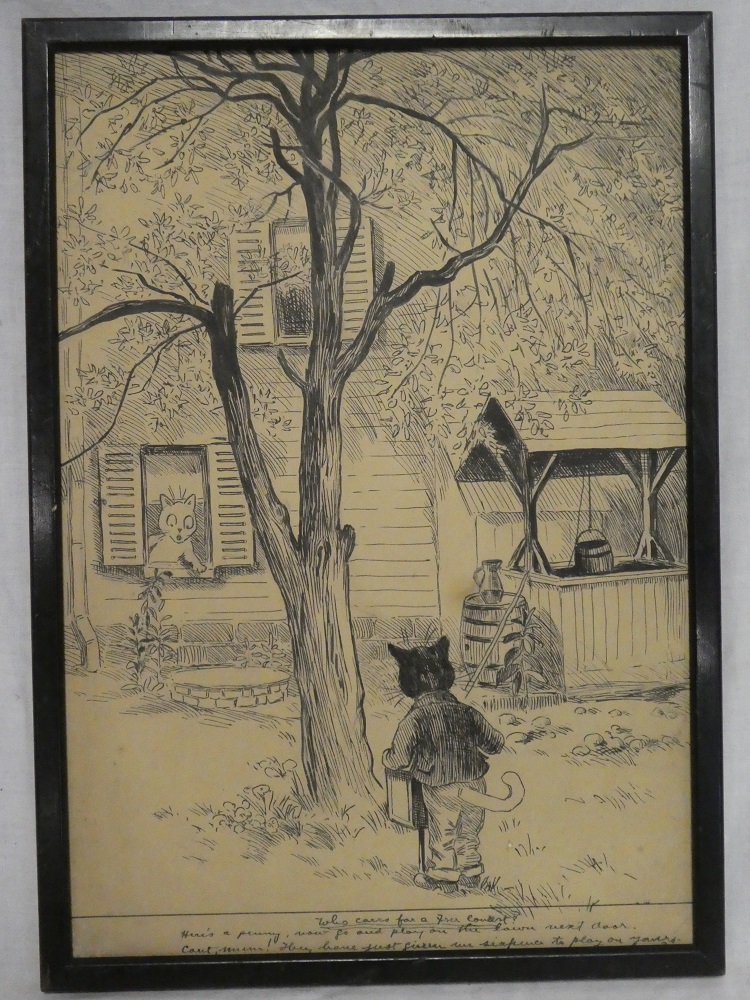 Louis Wain - pen and ink Original artwork sketch "Here's a penny,