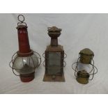 Two old painted metal nautical-style oil lamps and a brass part nautical oil lamp (3)