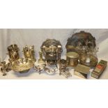 A selection of various electroplated items including two circular trays, two bottle holders,