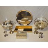 Two various silver plated serving bowls, cigarette case, circular tray, egg cups,