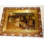 An old crystoleum depicting garden scene with females in ornate gilt frame,
