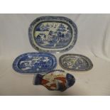 Three 19th Century Staffordshire pottery oval meat platters with blue & white willow and landscape