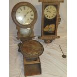 A 19th Century relic wall clock with brass fusee movement and two other various wall clocks (af)