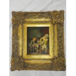 A 20th Century oil painting on board depicting interior scene with mother, child and dog,
