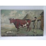 G**Andrews - oil on wood panel 20th Century naive study of a farmer with cow and dog "This Cow Fed