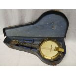 An old Bell-Tone 8-string banjo with brass mounts (af) in fitted case