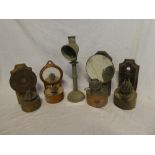 Four various old wall-mounted oil lamps and a nickel-plated desk lamp (af)