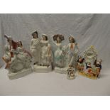 Five various Victorian Staffordshire pottery flat back figures including Highland Musician and