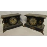 Two late Victorian mantel clocks with circular decorated dials in brass mounted ebonised cases (af)
