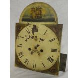 A 19th Century 8-day longcase clock movement and 12" painted arched dial with weights and pendulum