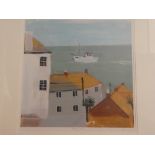 A modern coloured print of a fishing boat "Sailing By" framed and glazed
