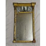 An early 19th Century rectangular wall mirror below decorated glass panel in gilt rectangular frame