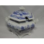 A 19th Century stone china hexagonal two handled tureen and cover with blue and white "Indian