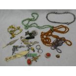 A selection of various costume jewellery including gilt crucifix pendant, bead necklaces,