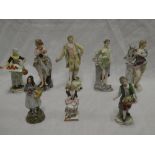 A selection of eight 19th Century and later small porcelain figures including Dresden, Naples,