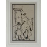 Artist Unknown - pen and ink A study of two knights raising a flag,