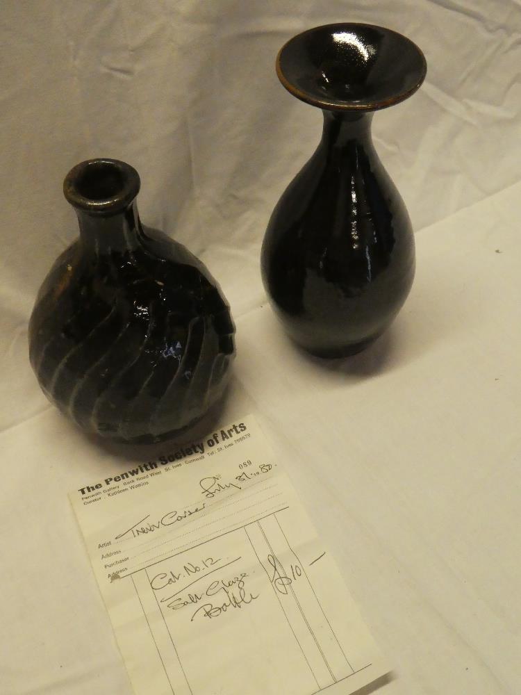 A black glazed Studio pottery baluster-shaped vase, unmarked, - Image 2 of 2