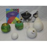 Two modern Conran glass vases, three Serax ceramic onion vases, a Serax light bulb vase,