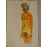 Paul Gell - watercolour Standing figure of a male nude, studio sale label to verso,