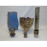 Six pieces of Studio pottery including decorative floral pedestal bowl, 8" high; triangular vase,