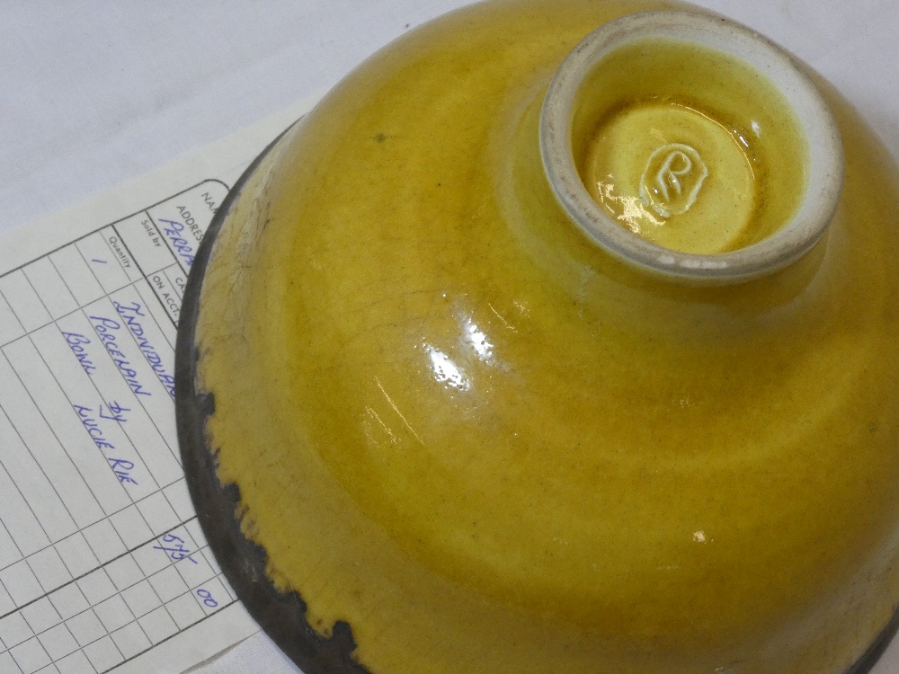 A rare Studio pottery circular pedestal bowl by Lucie Rie with oxidised bronze and yellow glazed - Image 3 of 3