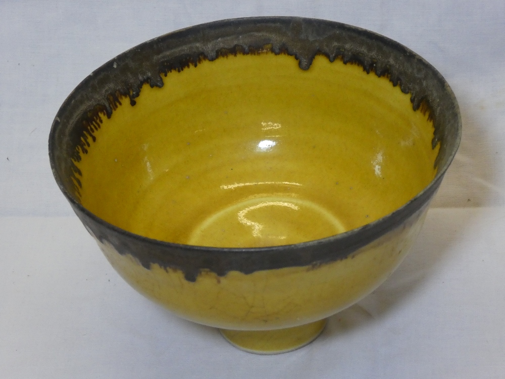 A rare Studio pottery circular pedestal bowl by Lucie Rie with oxidised bronze and yellow glazed - Image 2 of 3