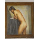 Artist unknown - oil on board Three-quarter length portrait of a male nude,