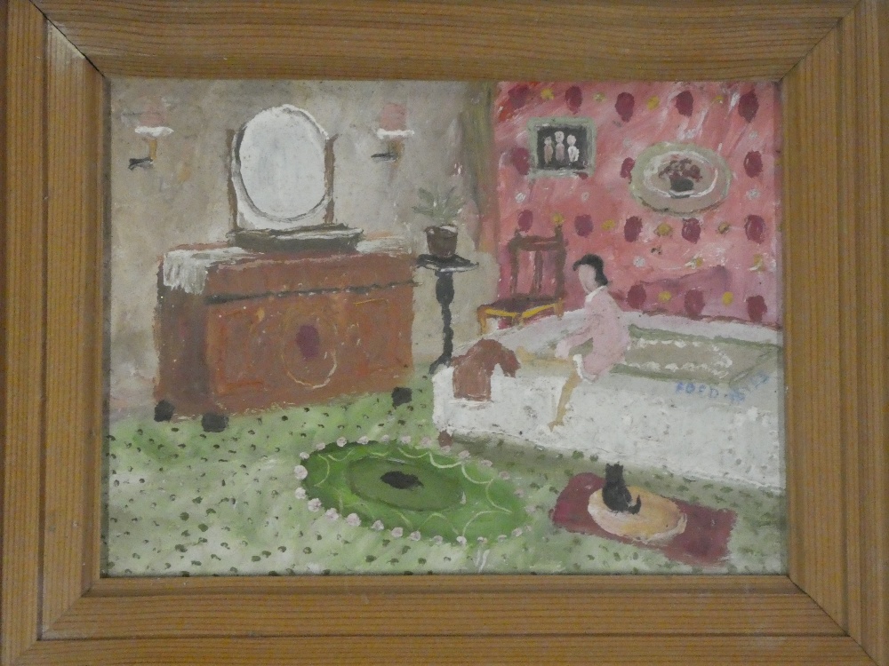 Fred Yates - oil on board Interior scene with figure sat on a bed, signed,