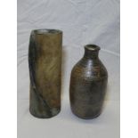 A Studio pottery wrapped cylindrical vase, 11" high and a Studio pottery bottle-shaped vase,