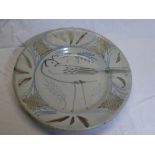 A Seth Cardew Wenford Bridge pottery circular shallow bowl with painted bird decoration, signed,