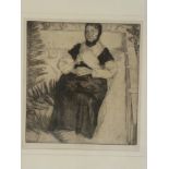 A black and white etching depicting a seated elderly female, signed in pencil John Copley,