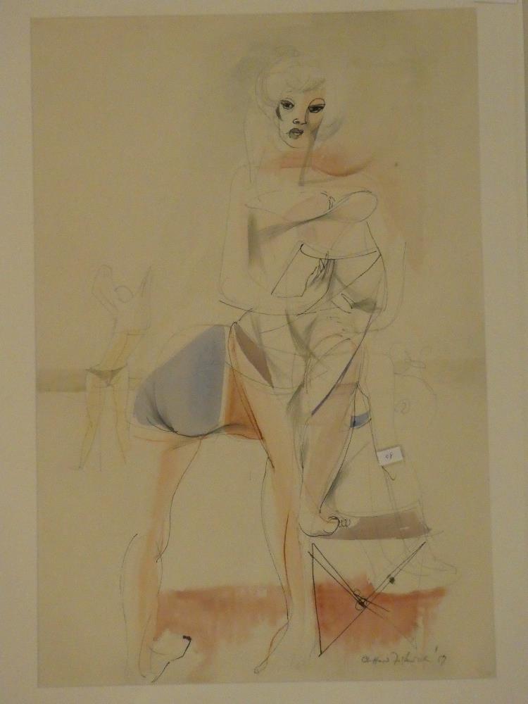 Clifford Fishwick - watercolour/ ink and pencil Girl on the beach, signed and dated 1957,